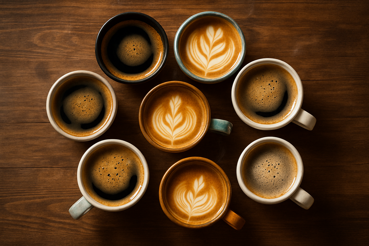 no give me several mugs in a circle and showing the top view of them with coffee in it